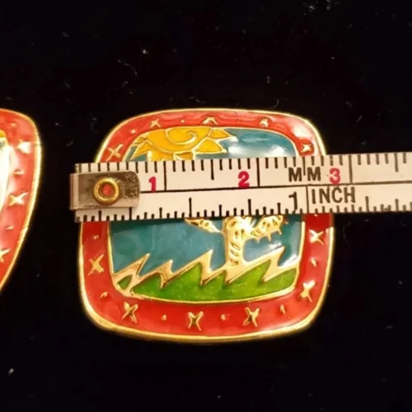 VINTAGE BEREBI ENAMEL CACTUS  EARRINGS Red Green goldtone - Picture 4 of 6